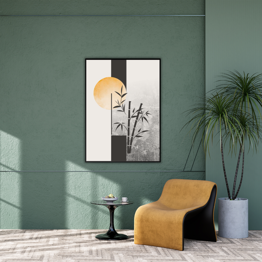 Modern interior with an abstract wall art piece, tan chair, and potted plant against a green wall.