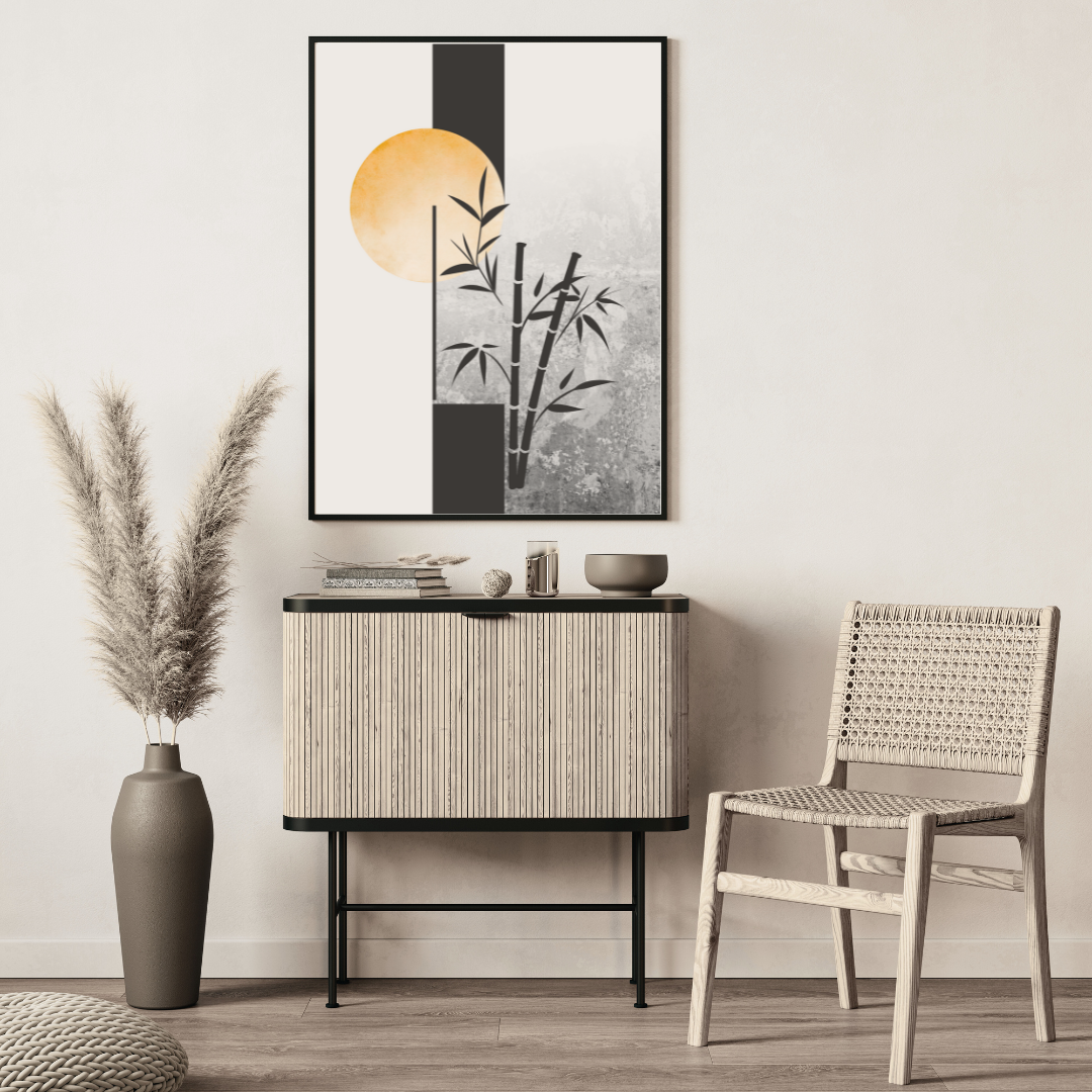 Japandi Bamboo & Rising Sun Wall Art – Zen Minimalist Printable (Instant Download)