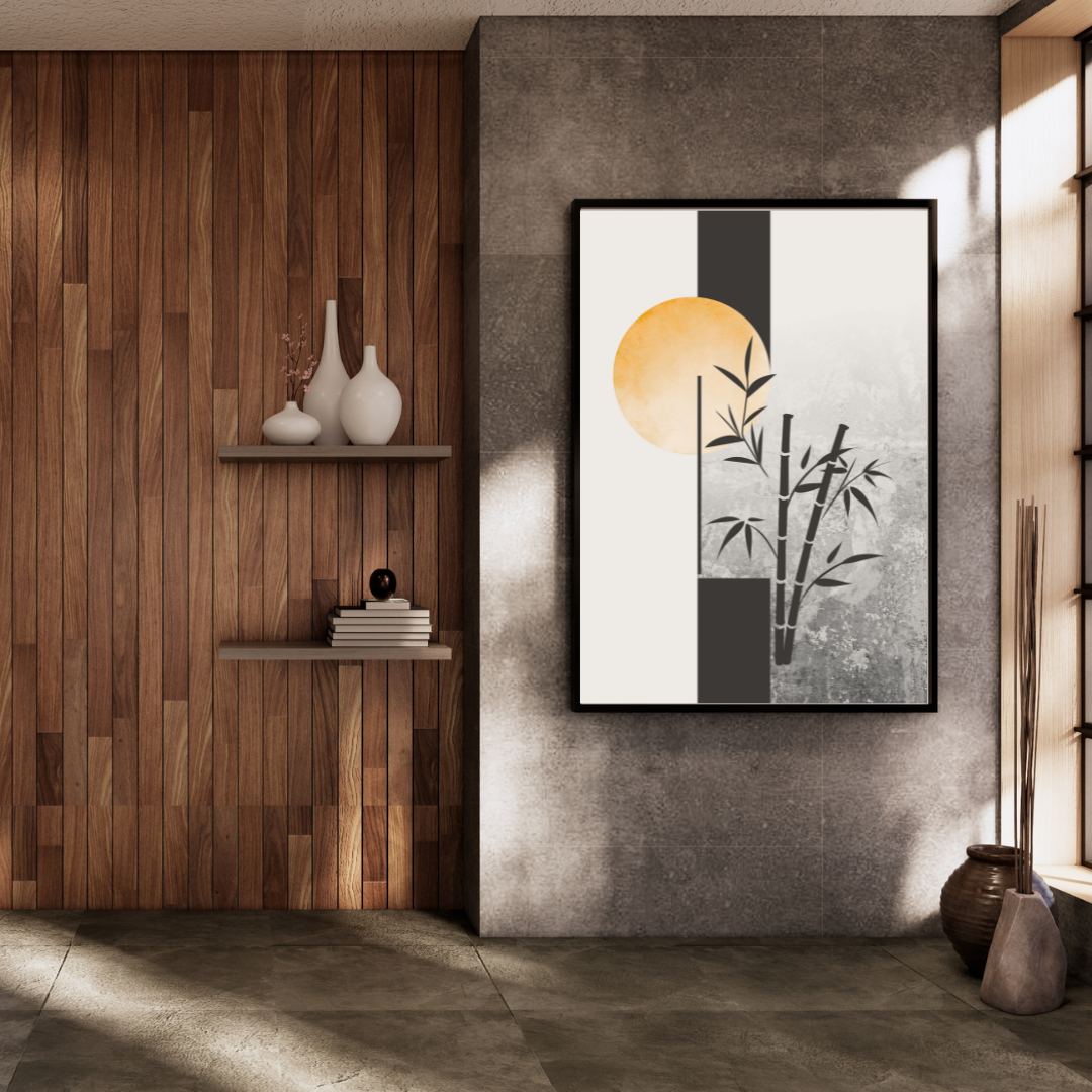 Framed Japandi abstract artwork with a sun and bamboo design on a gray wall in a room with wooden shelves and decor.