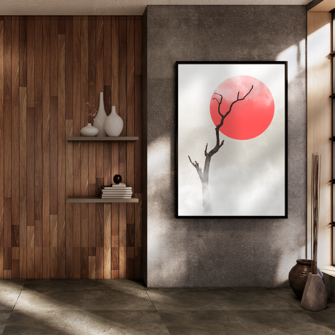 Framed Japandi artwork of a red sun and tree branch on a textured wall with wooden shelves.