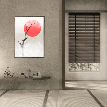 Minimalist Japandi artwork featuring a tree branch and a red sun framed on a textured wall in a Japanese interior.
