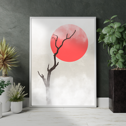 Framed Japandi artwork with a red sun and bare branches on a neutral background, placed in a meditation room with plants.