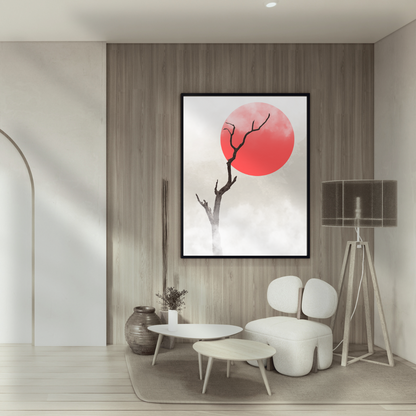 Modern living room with a Japandi red circular artwork on the wall