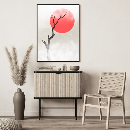 Modern Japandi interior with a cabinet, chair, vase, and wall art featuring a red circle and branch.