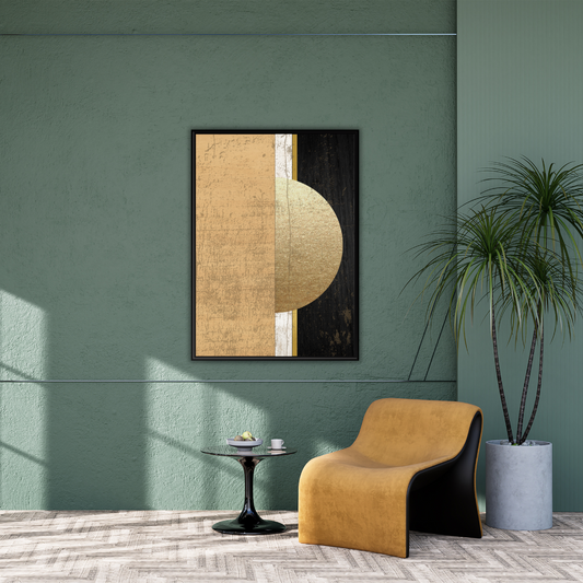 Modern interior with a Japandi abstract wall art framed against a sage green wall in a reading nook with tan chair, side table and potted plant.