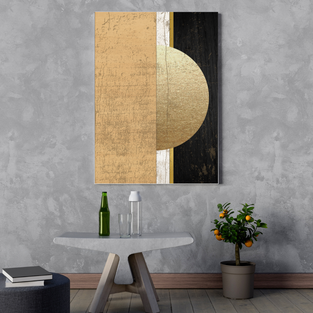 Japandi art piece on a gray wall above a table with drinks in a reading nook.
