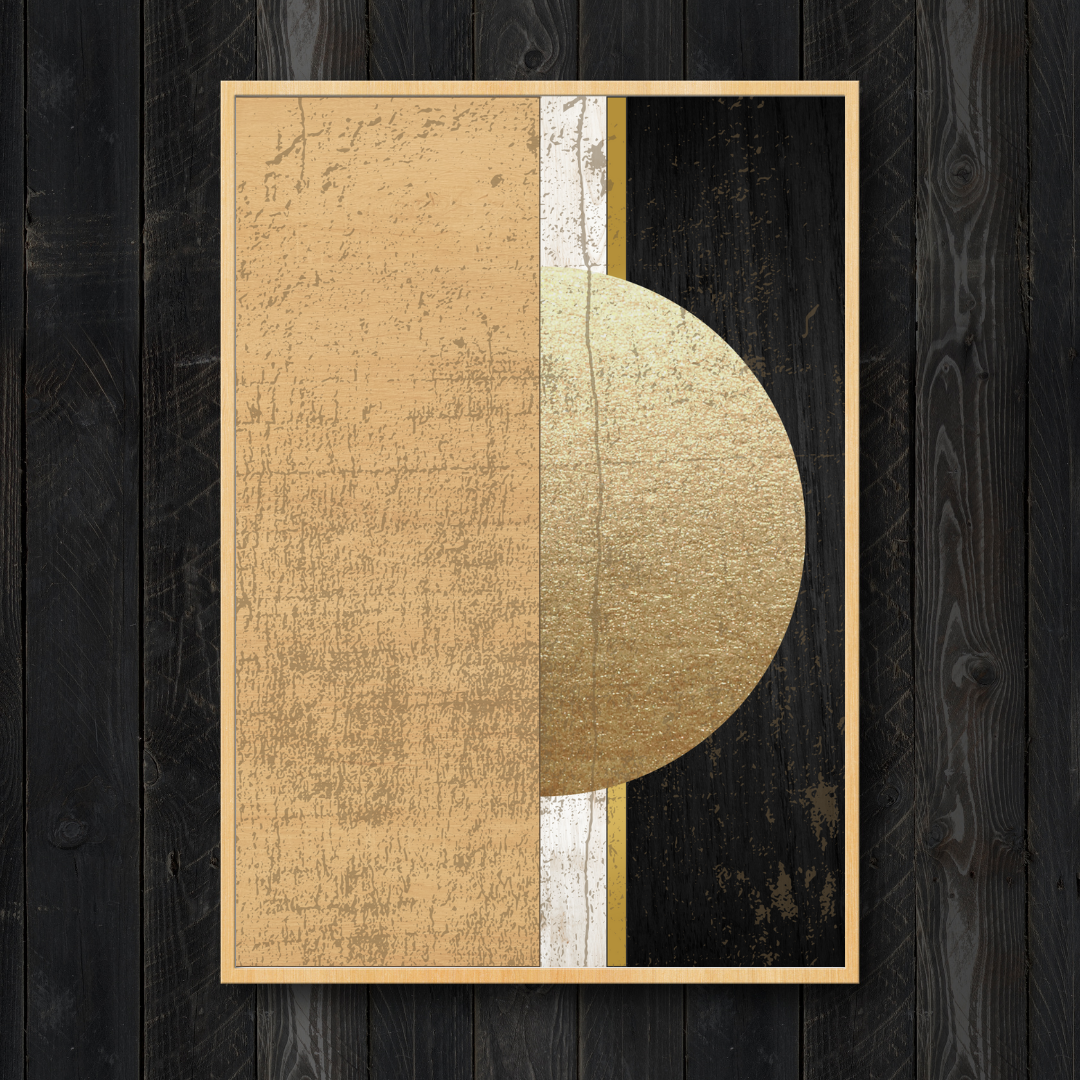 Closeup of a Japandi style abstract art print with geometric shapes featuring a secluded moon on a dark wooden wall.