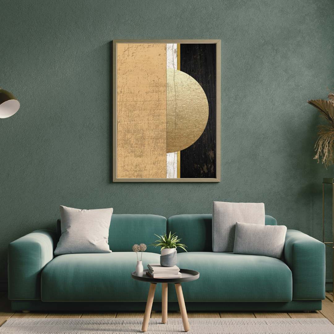 Modern living room with a teal sofa, white cushions and a side table featuring a Japandi abstract wall art framed against a sage green wall.