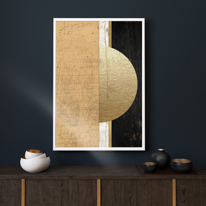 Japandi abstract art print with geometric shapes mounted on a deep blue wall above a dark wooden shelf with minimalist decor.