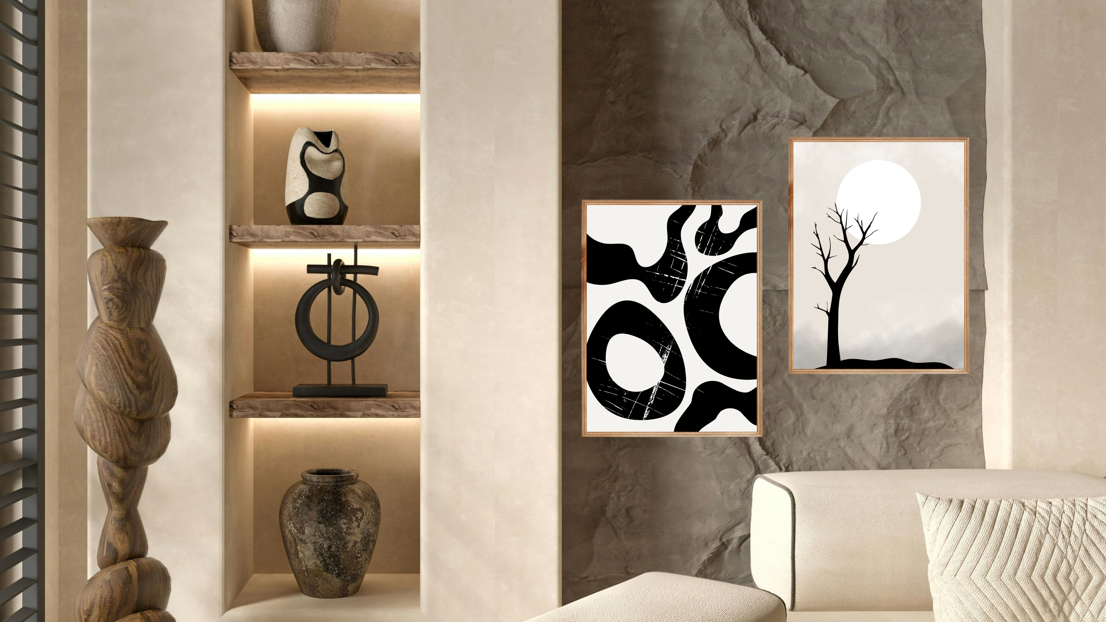 Japandi wall art printable collection by Oasis Digital Art, featuring minimalist neutral prints inspired by Japanese serenity and Scandinavian design. Calm, eco-friendly digital downloads for modern interiors.