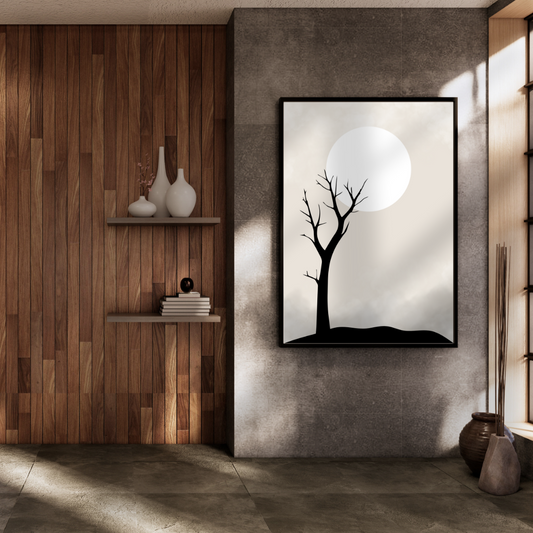Framed Japandi artwork of a tree and moon on a wall in an earth toned room with wooden shelves and decor.