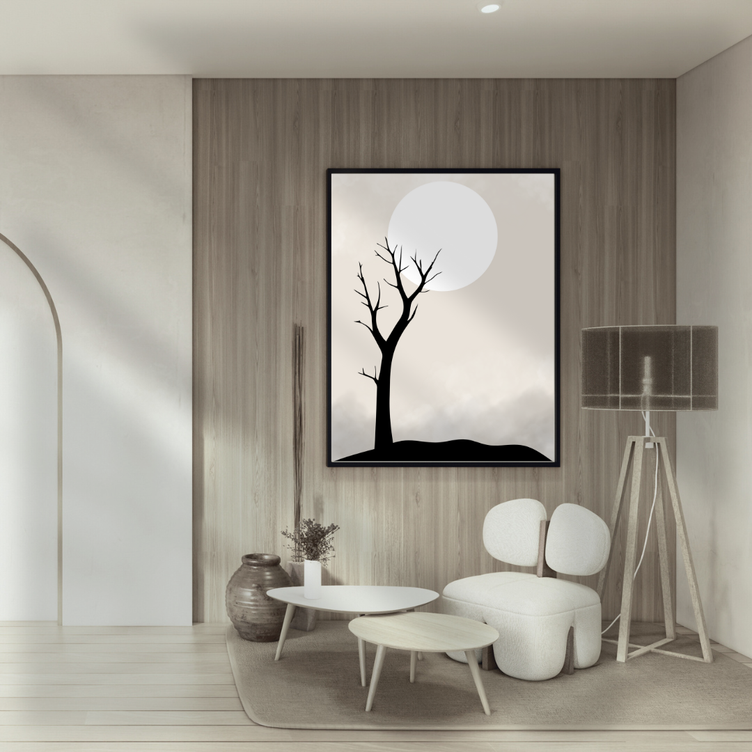 Modern and neutral living room with a minimalist tree and moon artwork framed on a wooden backdrop.