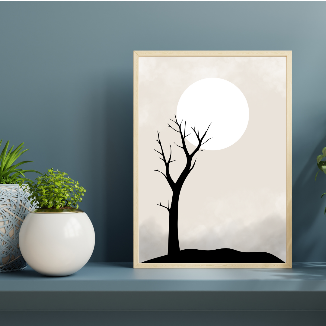 Framed Japandi style artwork of a black tree silhouette against a neutral background featuring a white moon on a teal shelf with plant decor.