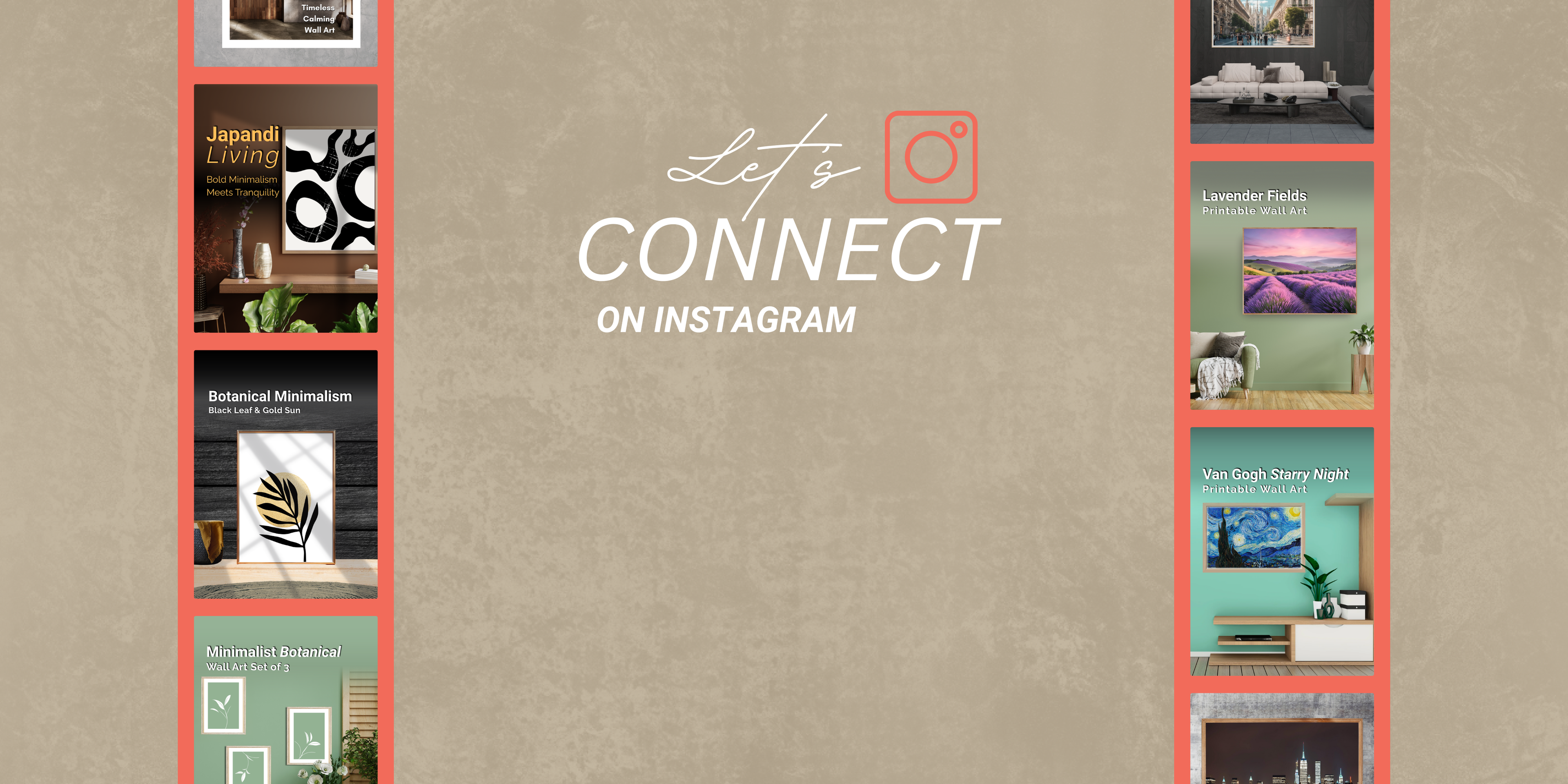 Row of framed Instagram posts on a beige background with Instagram call-to-action text.