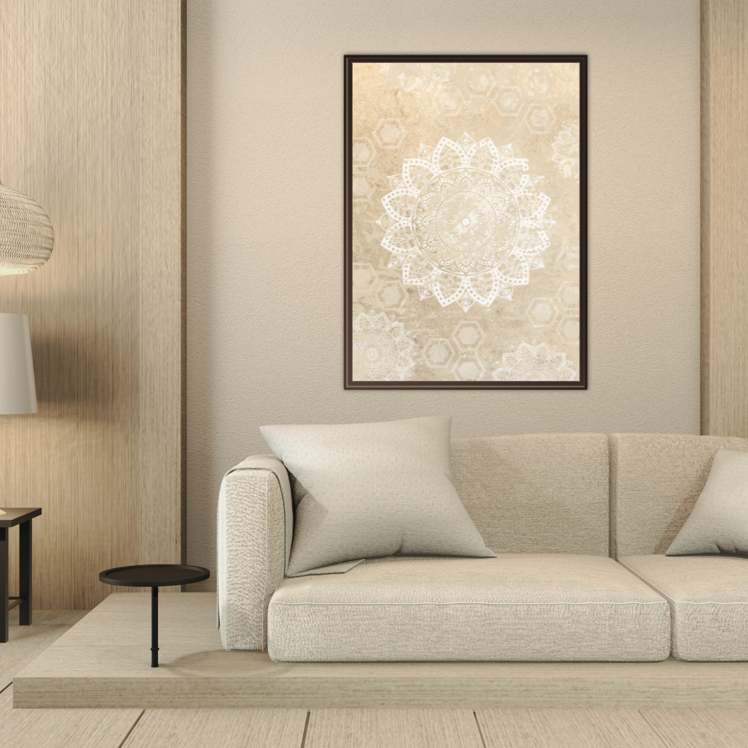 Beige living room with a sofa, side table, and decorative Mandala wall art in neutral tones.