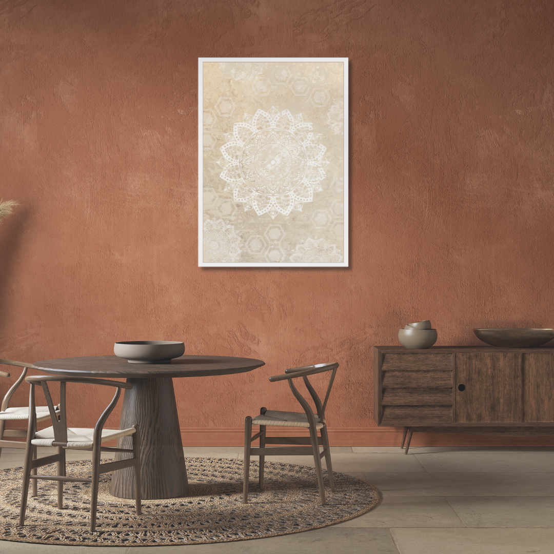 Dining room with a dark wood round table and chairs, and a Mandala wall art piece on a rust color wall.