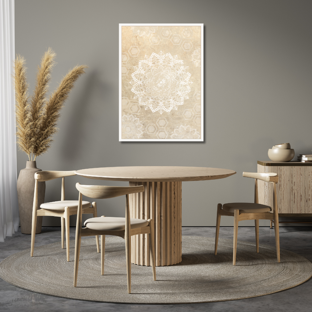 Dining room with wooden table and chairs, decorative vase, and abstract wall art.