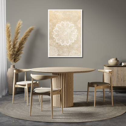 Dining room with wooden table and chairs, decorative vase, and abstract wall art.