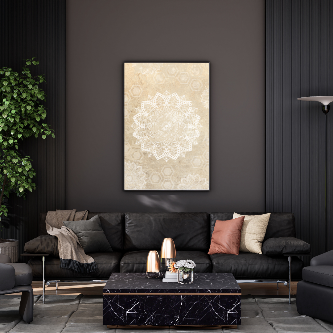Living room with a black sofa with terracotta cushions, decorative coffee table, and a framed Mandala wall art on a dark brown backdrop.