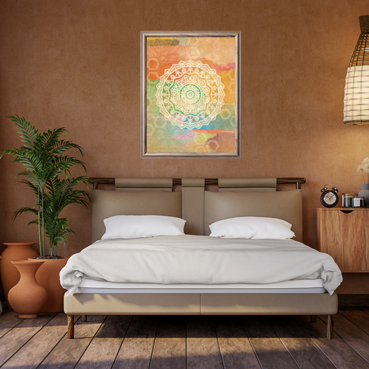 Earthy toned bedroom with wooden and ratan decor, terracotta pot plants, and a multi-color mandala wall art on a rust color wall.