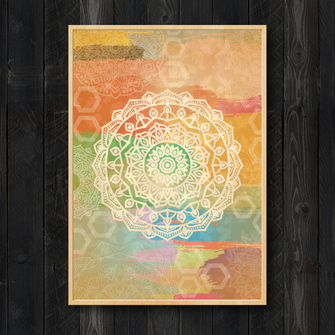 Close-up of a framed colorful mandala art on a dark wooden backdrop.