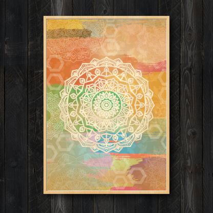 Close-up of a framed colorful mandala art on a dark wooden backdrop.