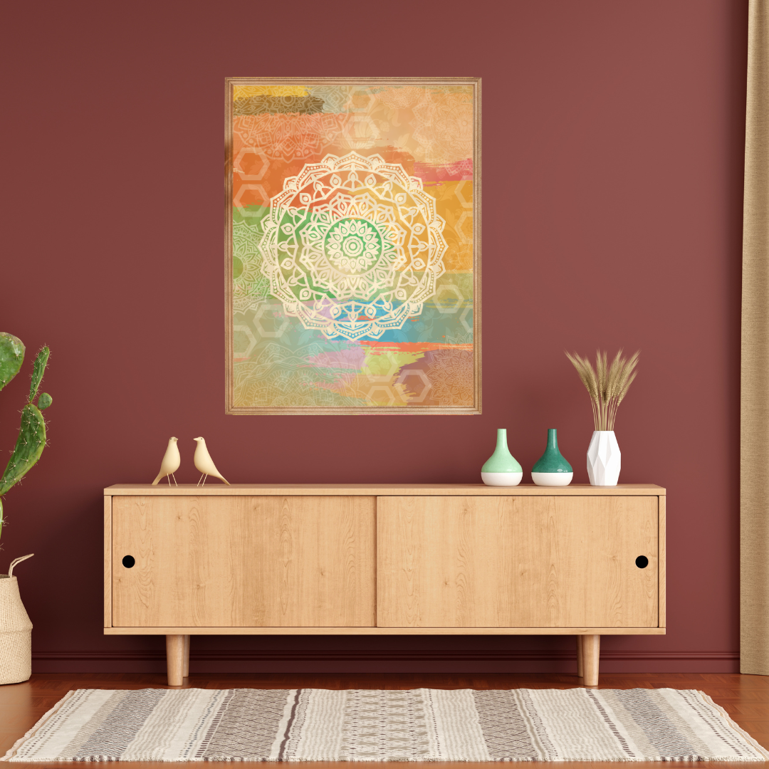 Colorful mandala art piece on a maroon wall above a wooden console with decorative items.