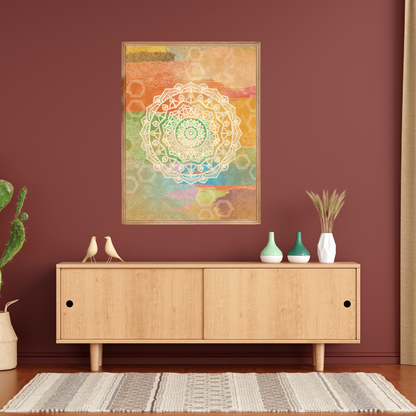 Colorful mandala art piece on a maroon wall above a wooden console with decorative items.