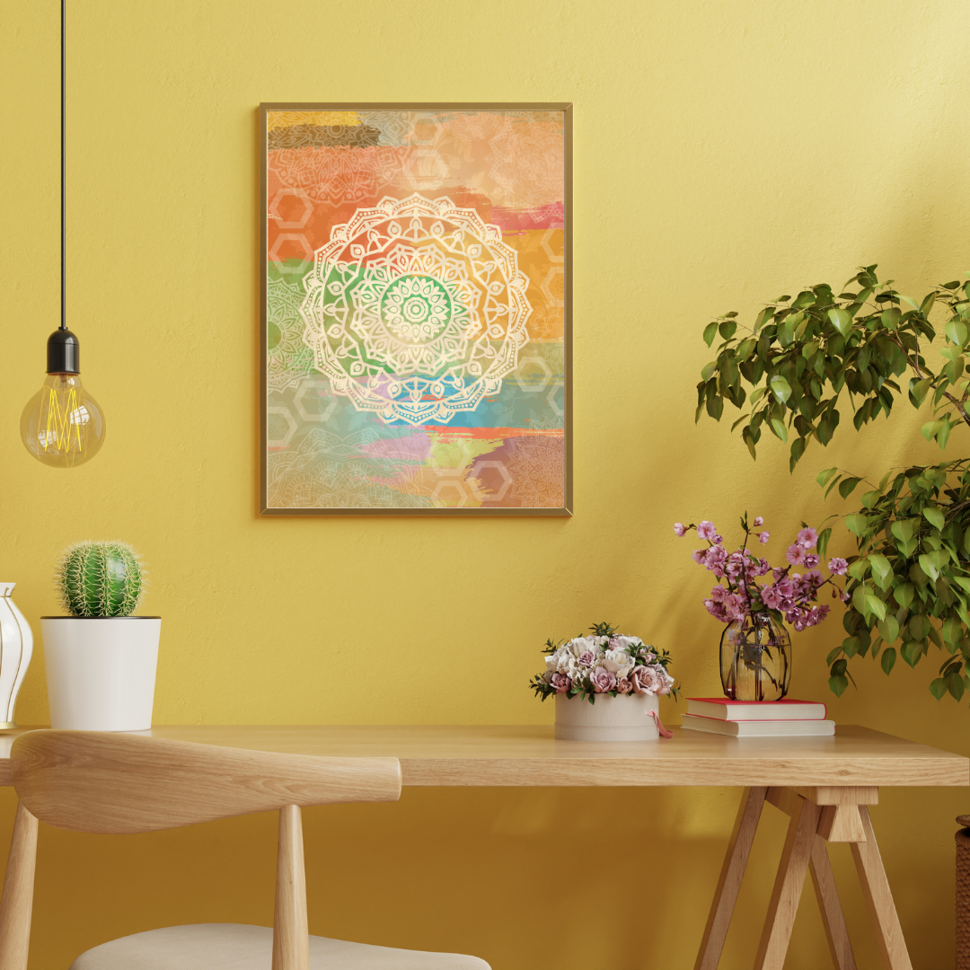 Decorative mandala poster on a yellow wall above a wooden table with plants and books.