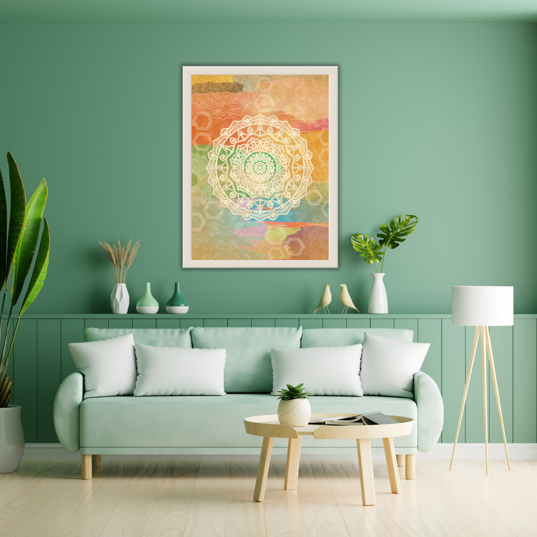 Living room with a green wall, light green sofa, and decorative items, featuring an abstract-mandala multi color painting.