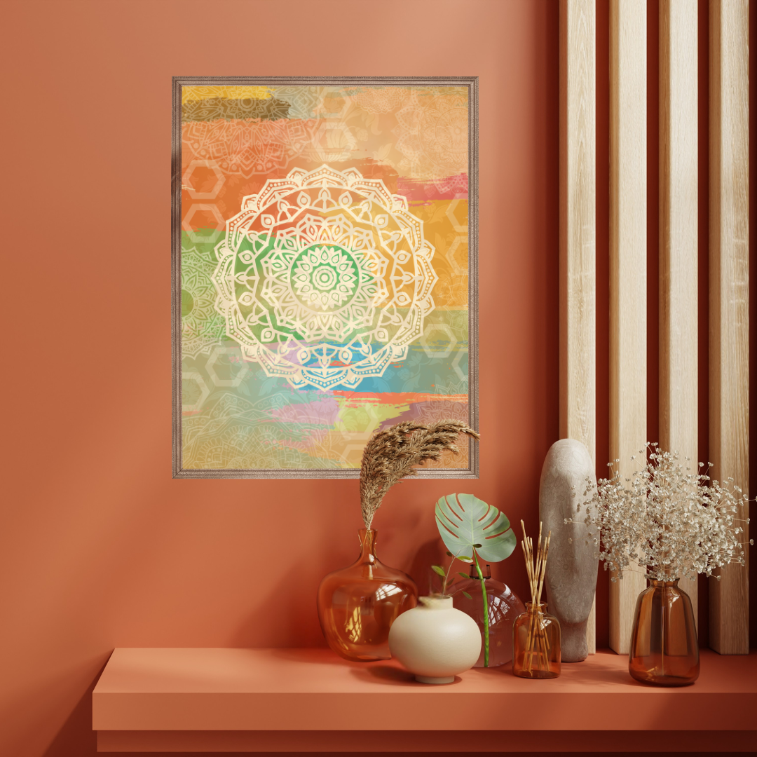 Colorful mandala art on a deep orange wall with decorative vases and plants on a shelf.