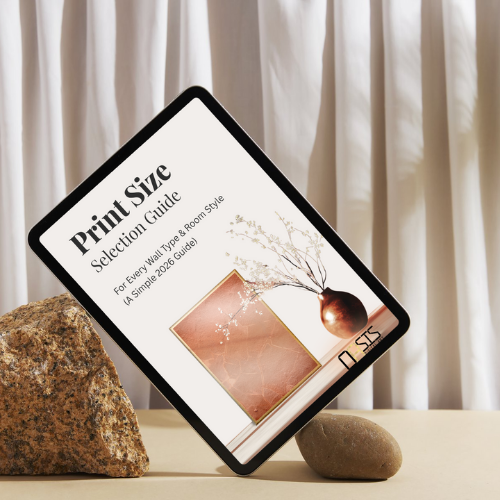 Tablet displaying a print size selection guide with a decorative vase image on a neutral background