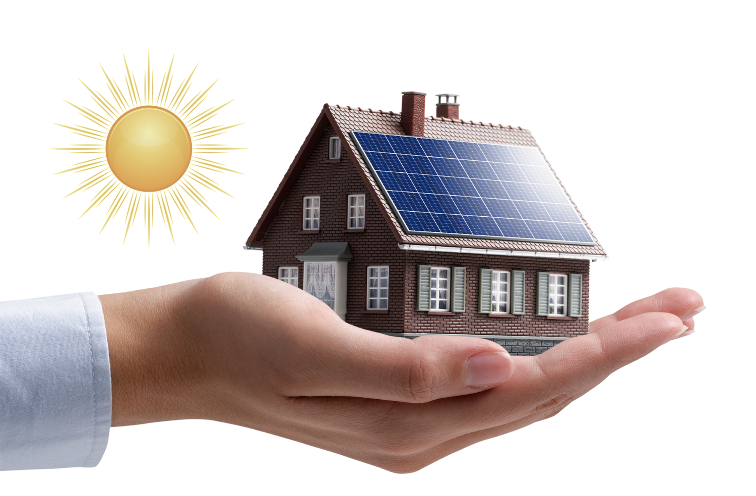 Illustration of a hand holding a small house with solar panels, representing renewable energy and green living.