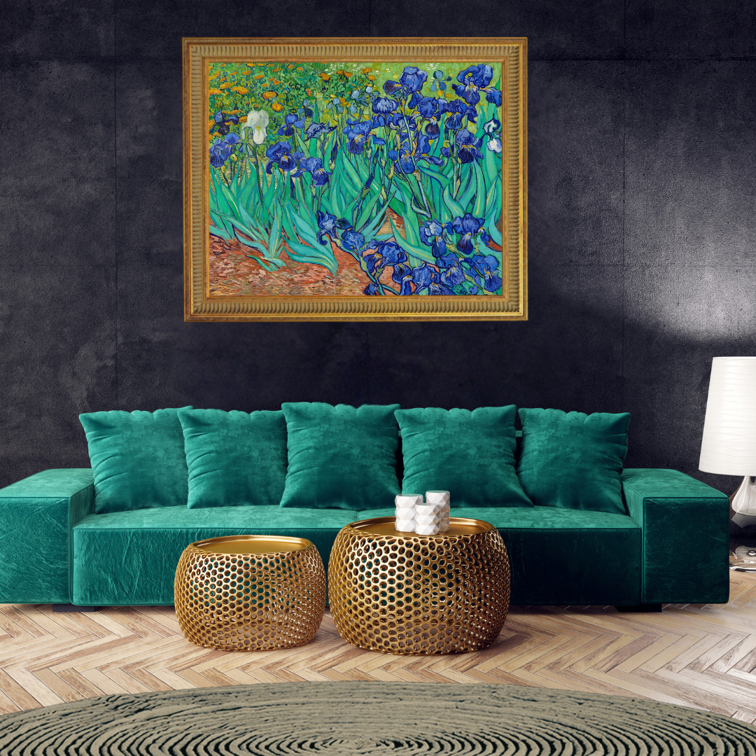 Van Gogh floral print brightening a cozy living room with bold green color.