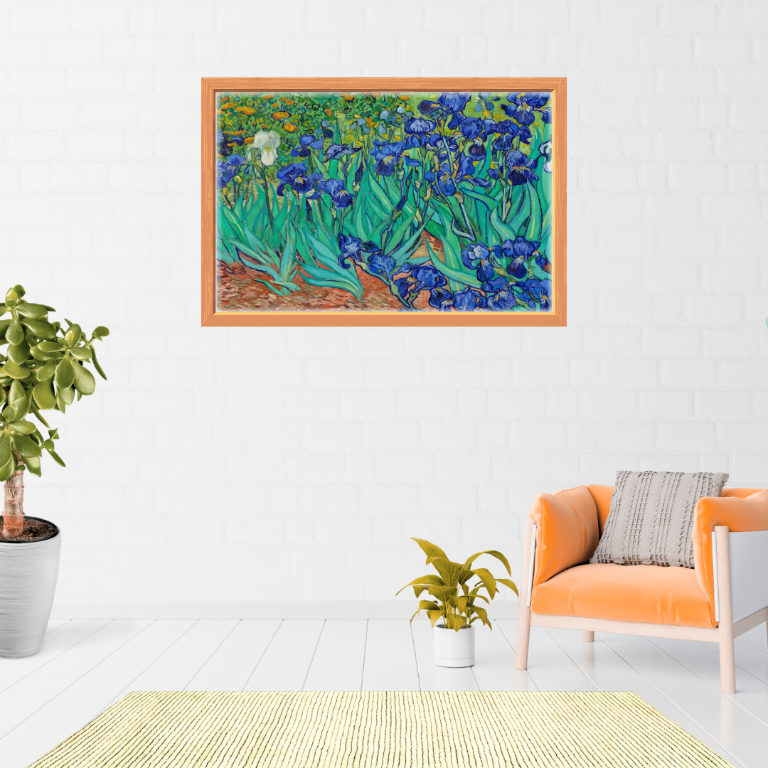 Printable vintage floral painting displayed in a crisp white living room with plant decor.