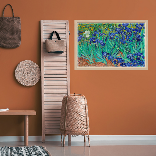 Detail of swirling blue petals and fresh green stems in van Gogh’s botanical scene in an earthy home setting.