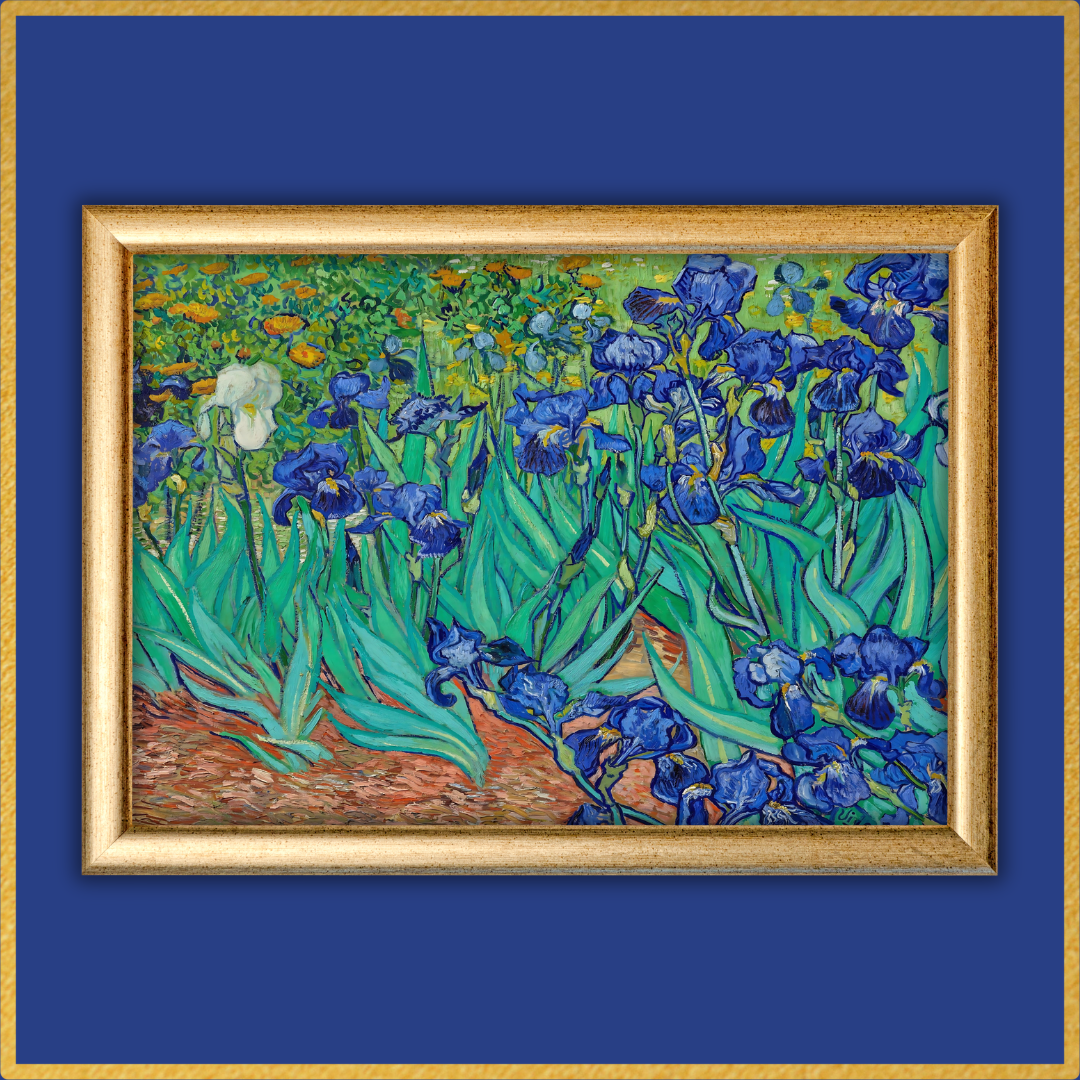Close‑up of textured brushstrokes highlighting individual iris petals and leaves.