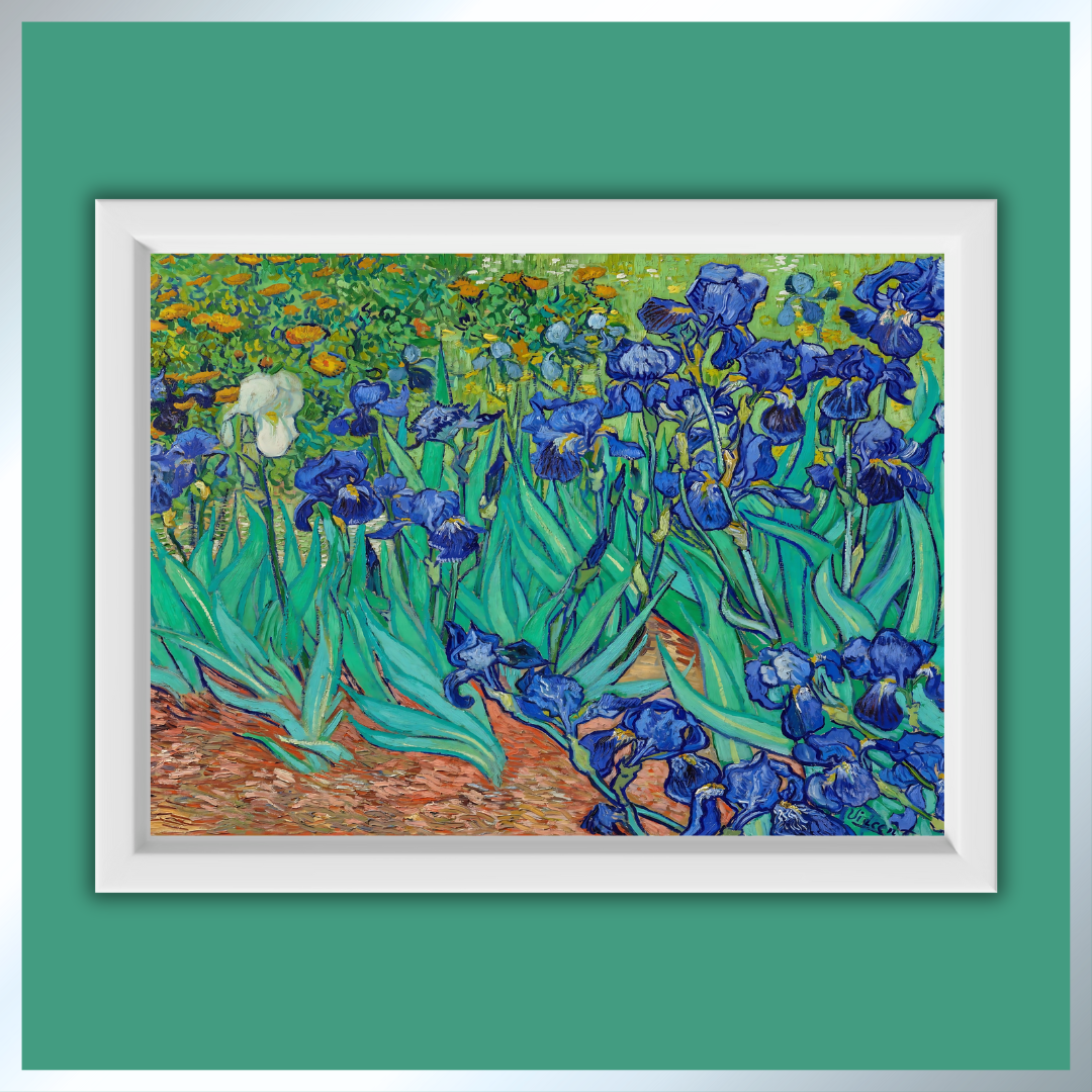 Close‑up of textured brushstrokes highlighting individual iris petals and leaves against an earthy green backdrop.