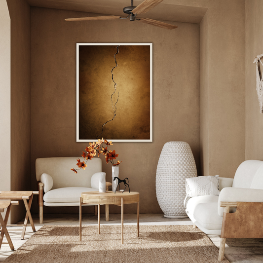 Japandi style living room with beige walls, white furniture, and a Wabi Sabi earth-toned painting with a fracture through the middle.