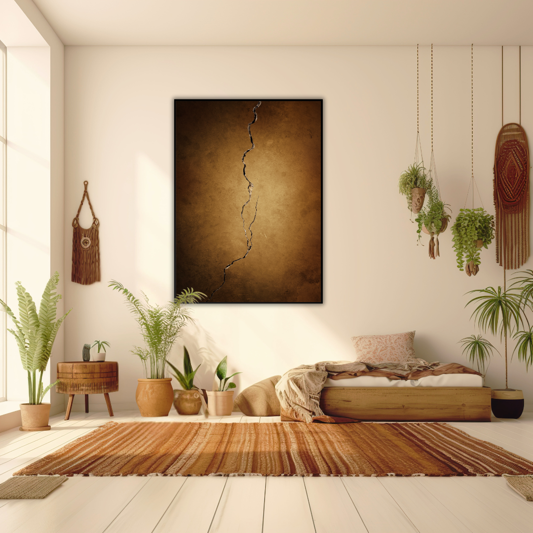 Modern boho bedroom with wooden bed, plants, and a large, framed Kintsugi earth-toned artwork on the wall.