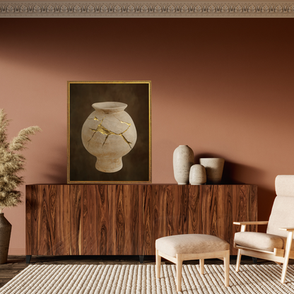 Japandi styled living room with wooden console table, decorative vases, and a framed Wabi Sabi artwork of a golden mended vase on a terracotta wall.