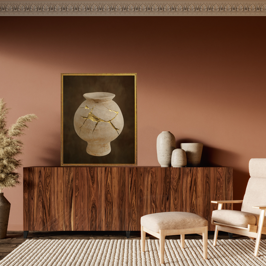 Japandi styled living room with wooden console table, decorative vases, and a framed Wabi Sabi artwork of a golden mended vase on a terracotta wall.