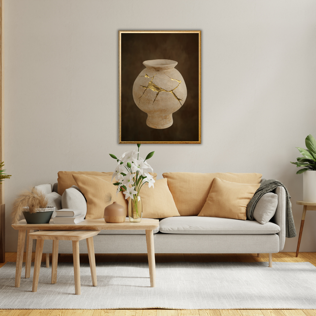 Living room with beige sofa, wooden coffee table, and a wall art piece of a vase with a mended golden crack framed on a neutral wall.