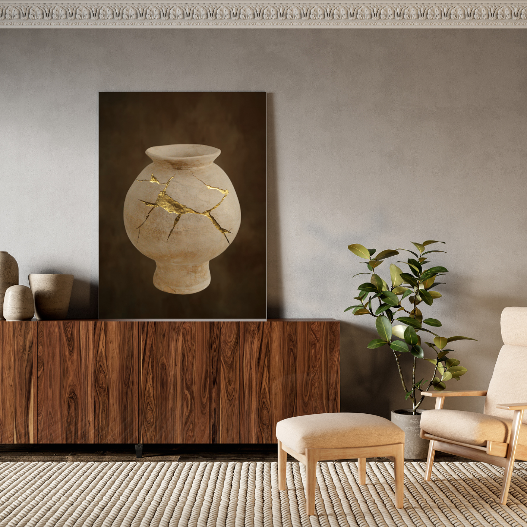 Modern earth-toned reading nook with a wooden cabinet, an armchair, a Wabi Sabi inspired vase painting, and a plant.