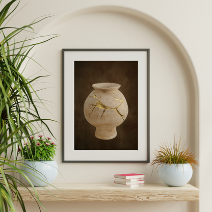 Framed artwork of a cracked vase with gold accents on a wall above a wooden shelf with plants and books.