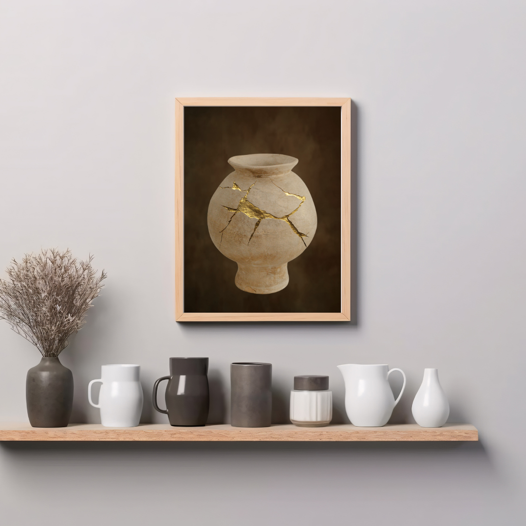 Wabi Sabi artwork of a cracked vase with gold repair framed on a wall above a shelf with various minimalist ceramic items.