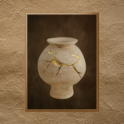 Framed Wabi Sabi artwork of a cracked vase with gold repair against a deep brown background mounted on a textured rustic wall.