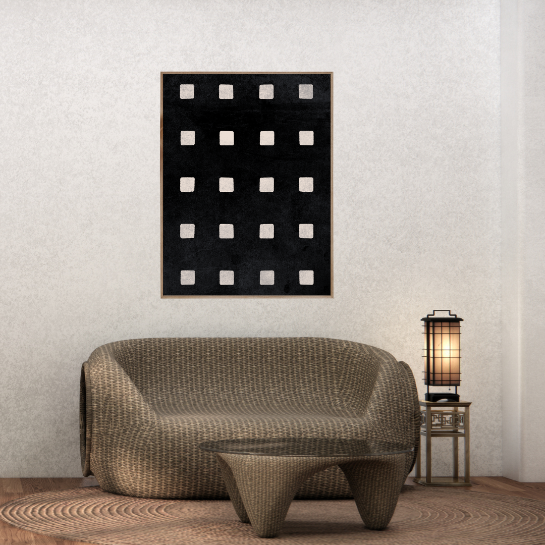 Modern Japandi interior with a wicker sofa, glass coffee table, and an abstract wall art of ivory squares neatly aligned on a soft black background.
