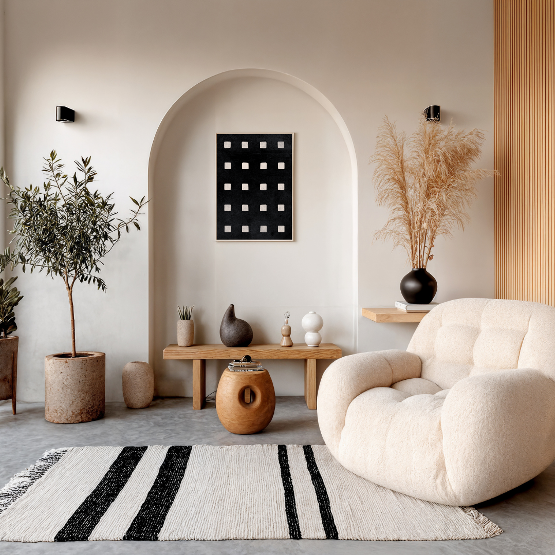 Modern living room with a white armchair, black and white striped rug, and decorative minimalist elements featuring a Wabi Sabi art piece in an arch.