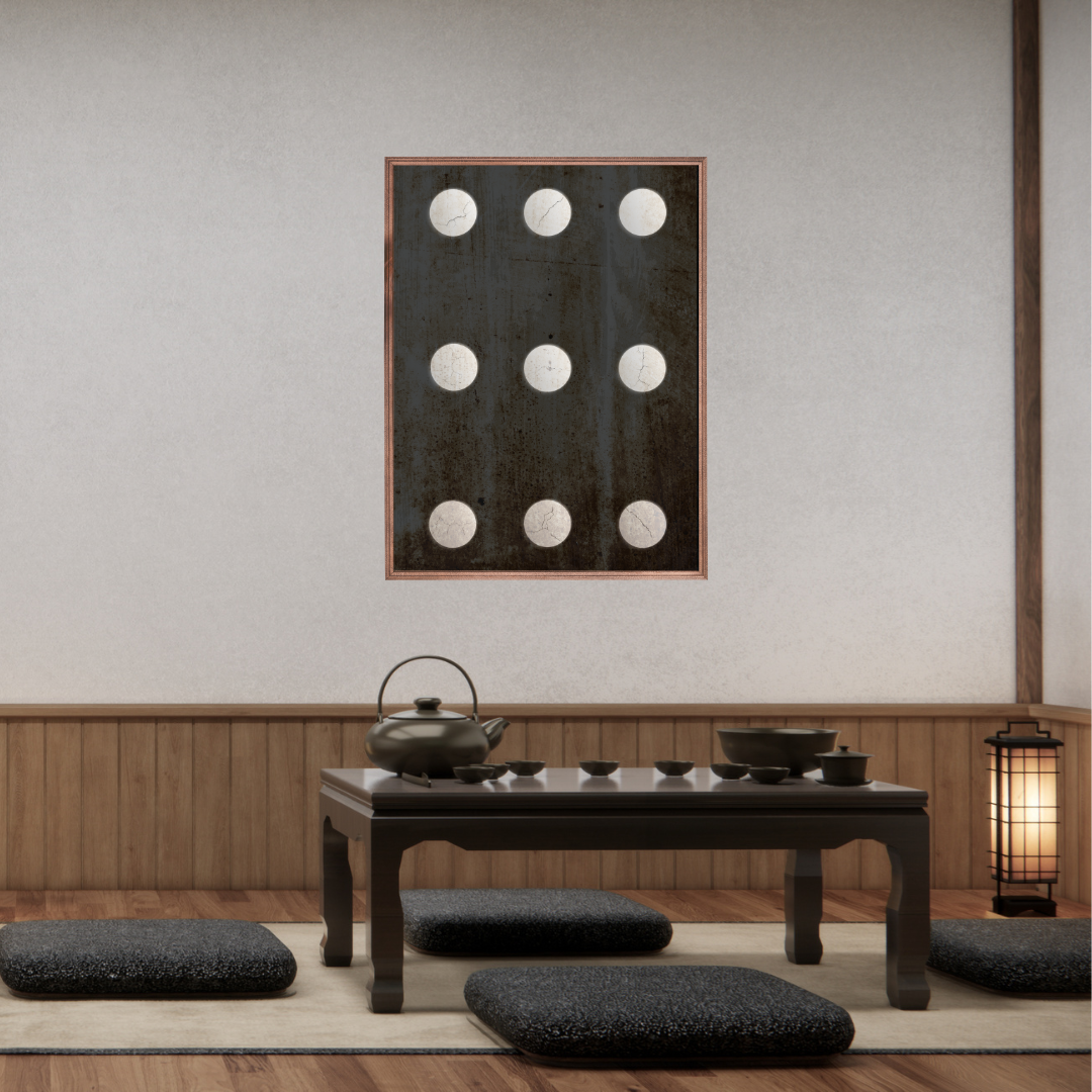 Traditional Japanese tearoom with a table, teapot, and lantern featuring wabi framed wall art.